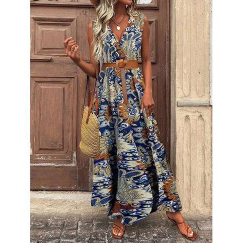 Kadın Askılı Kruvaze Yakalı Uzun Desenli Kemersiz Süprem Elbise