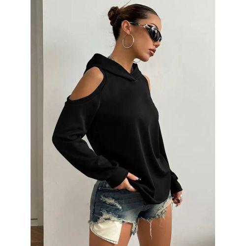 Kadın Uzun Kollu Kapşonlu Omuzlardan Açık Viskon Iki Iplik Bluz