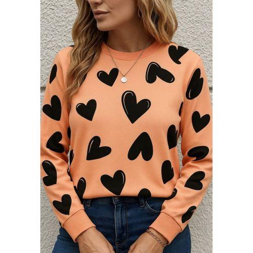 Kadın Uzun Kollu Bisiklet Yaka Kalp Desenli Iki Iplik Bluz