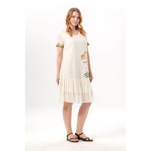 Kısa Kol Dilek Vual V Yaka Yazlık Nakışlı Günlük Kısa Elbise Krem Krm