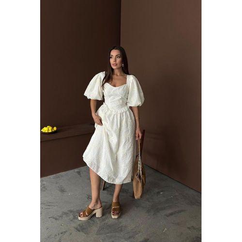 Ekru Balon Kollu Dantelli Brode Elbise