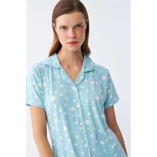 Kadın Buz Mavisi Yıldız Desenli Önden Düğmeli Pijama Takımı
