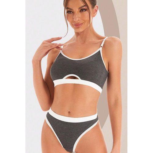 Kadın Gri Antrasit Kaşkorse Ve Beyaz Lastikli Cut-out Tanga Külotlu Takım