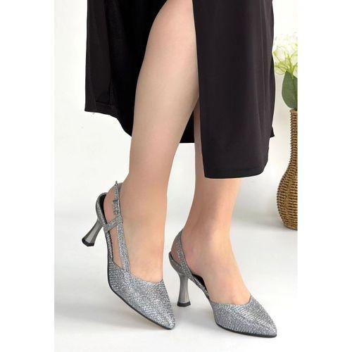 Joga Gümüş Saten Simli Topuklu Ayakkabı