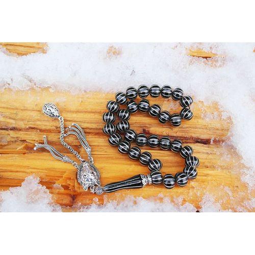 Oltu Taşı Basık  Model On İkili Karpuz Dilimi İşlemeli Tespih