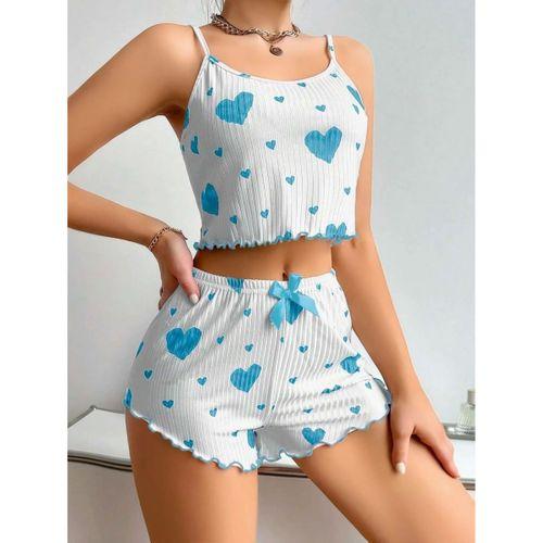 Kadın Beyaz Mavi Kalp Desenli Askılı Şortlu Pijama Takımı Rahat Şık 2’li Set
