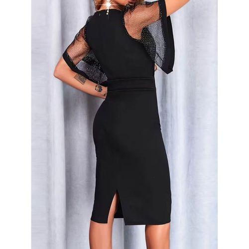 Kadın Kısa Kollu V Yakalı Taşlı Midi Ithal Krep Elbise