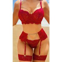 Dantel Göğüs Dekolteli Zincirli Bordo Jartiyer Takım 2078