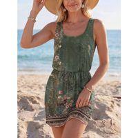 Kadın Askılı Yuvarlak Yakalı Beli Kusaklı çiçek Desenli Kısa Süprem Elbise