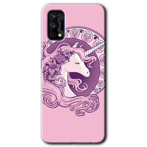 MRCİLETİSİM Realme 7 Pro Kılıf HD Desen Baskılı Arka Kapak + Temperli Cam - Unicorn-Pembe