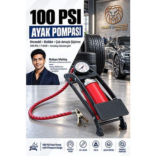 Oto Lastik ve Bisiklet Ayak Pompası 100 PSI Bar Göstergeli 29x8 cm Basınçlı Hava Pompası 723716