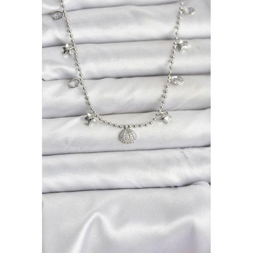 Pirinç Gümüş Renk Zirkon Taşlı Deniz Kabuğu Model Kadın Kolye