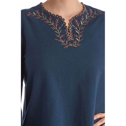 Şile Bezi Uzun Kol Petrol Mavi Nakış Detaylı V Yaka Yazlık Otantik Bluz