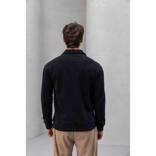 Eric Relax Fit Yarım Fermuarlı Polo Yaka Selanik Kumaş Erkek Sweatshirt - Siyah