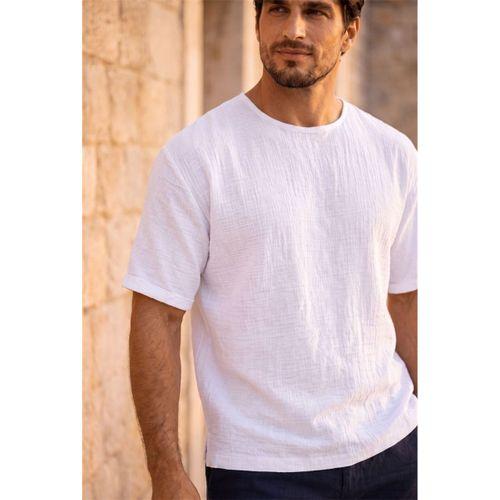 Godard Relax Fit %100 Pamuk Müslin Kumaş Duble Kol Bisiklet Yaka Erkek T-Shirt - Beyaz