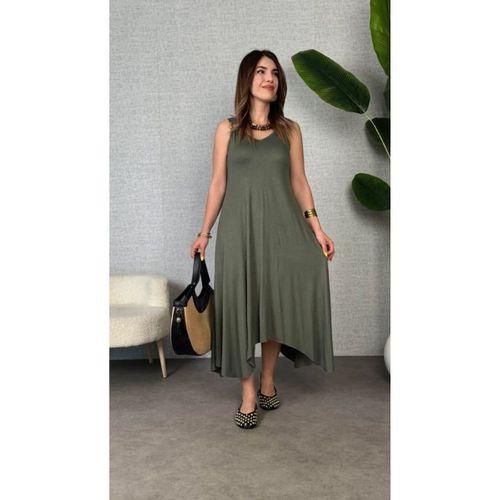Kadın Askılı V Yakalı Halka Detaylı Asimetrik Kesim Detaylı Viskon Maxi Elbise