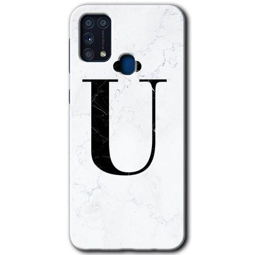 Samsung Galaxy M31 Kılıf Baskılı Kapak - Beyaz Mermer Desenli Ü Harfi + 5D Tam Kaplayan Cam