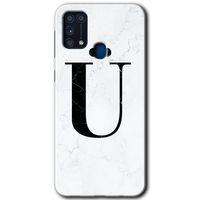 Samsung Galaxy M31 Kılıf Baskılı Kapak - Beyaz Mermer Desenli Ü Harfi + 5D Tam Kaplayan Cam