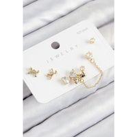 Pirinç Zirkon Taşlı Fiyonk Model Gold Renk 925 Ayar Gümüş Çivi Kadın Küpe Set