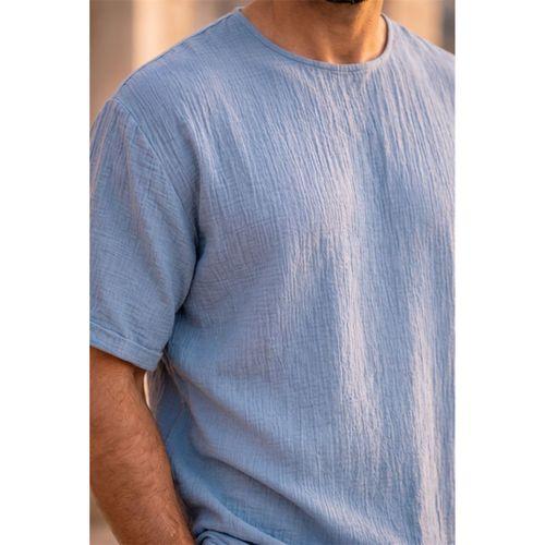 Godard Relax Fit %100 Pamuk Müslin Kumaş Duble Kol Bisiklet Yaka Erkek T-Shirt - Soğuk Mavi