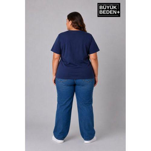 Süperlife Büyük Beden Kadın V Yaka Pamuklu Basic Tişört Lacivert 3XL-6XL SPR26BTSK509