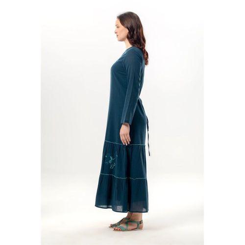 Uzun Kol Venedik Nakışlı Şile Bezi Otantik Uzun Elbise Petrol Ptrl