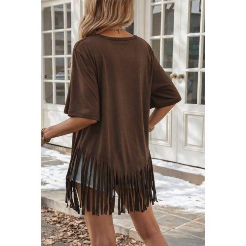 Kadın Kısa Kollu Bisiklet Yaka Püsküllü Viskon Bluz