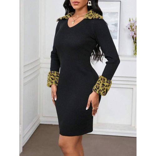 Kadın Uzun Kollu V Yakalı Kürk Detaylı Kaşkorse Elbise