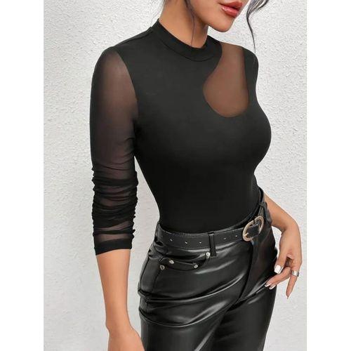 Kadın Uzun Kollu Yarı Balıkçı Yaka Kolları Tüllü Dalgıç Bluz