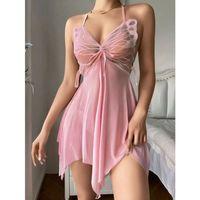 Kadın Pembe Kelebek Detaylı Tül Şık Tasarım Gecelik