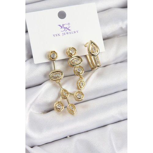 Pirinç Zİrkon Taşlı Geometrik Model Gold Renk 3'lü Kadın Küpe - TJ-BKP10937