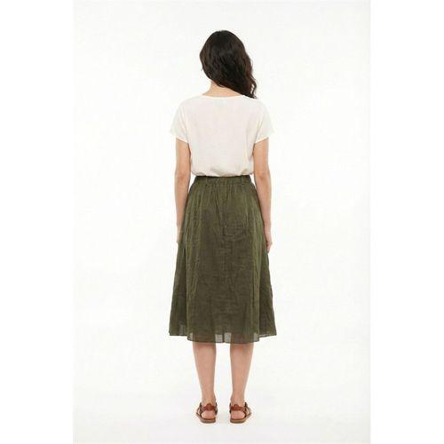 Canan Vual Bağlama ve Lastik Detay Midi Boy Yazlık Otantik Etek Haki Hk