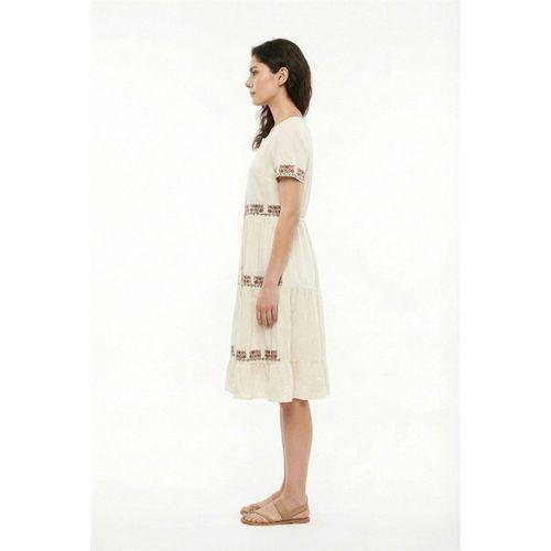 Kısa Kol Neva Bisiklet Yaka Nakışlı Otantik Vual Kısa Elbise Krem Krm