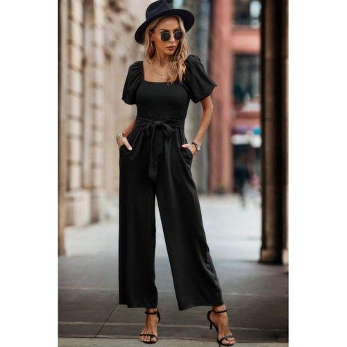 Kadın Kısa Kollu Kare Yakalı Göğsü Gipeli Belden Kuşaklı Uzun Janjan Tulum