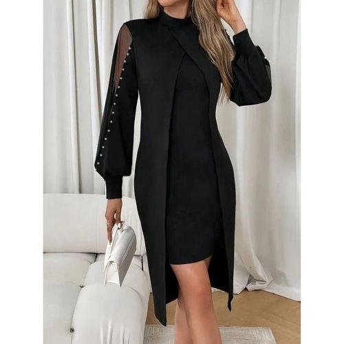 Kadın Uzun Kollu Yarı Balıkçı Yaka Tül Ve Inci Detaylı Kısa Ithal Krep Midi Elbise