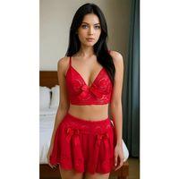 Red Ribbon Lace Kırmızı Dantel İşlemeli Kurdelalı Büstiyer Etek Takımı