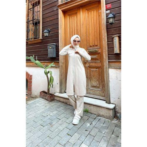 Fermuarlı Uzun Tunik Pantolon Spor İkili Takım - 03058.027 - Ekru