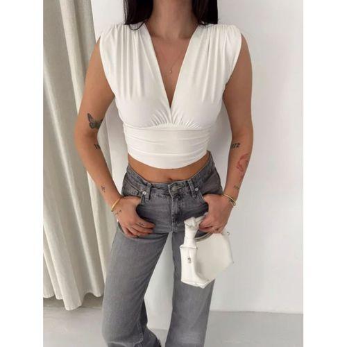 Vatkalı Kolsuz V Yaka Drapeli Crop Bluz Likralı Fit - Beyaz