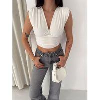 Vatkalı Kolsuz V Yaka Drapeli Crop Bluz Likralı Fit - Beyaz