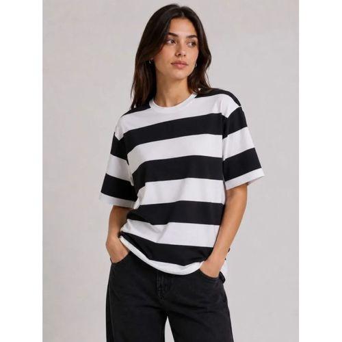 Çizgili Oversize Tişört Bisiklet Yaka Kısa Kol Yazlık T-Shirt - Siyah