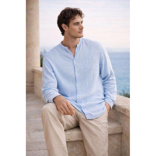 Hafif ve Nefes Alabilir Erkek Müslin Yarım Pat Hakim Yaka Oversize Gömlek - Buz Mavi