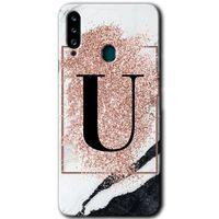 Galaxy A20s Kılıf HD Desen Baskılı Arka Kapak - Pembe Mermer Desenli U Harfi + Kırılmaz Cam