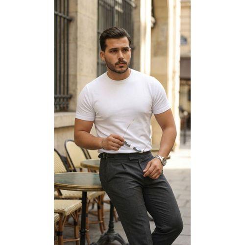 Erkek Basic Bisiklet Yaka Kısa Kollu Triko Tişört - %100 Pamuk Akrilik