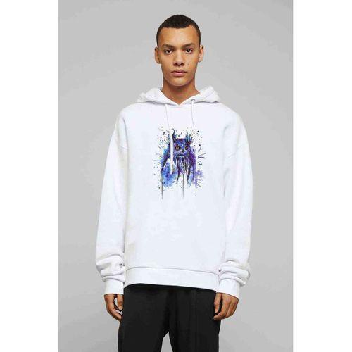 Owl Mavi Kedi Sulu Boya Baskılı Beyaz Erkek Kapşonlu Sweatshirt
