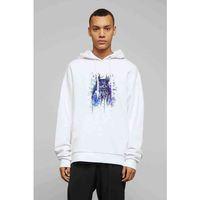 Owl Mavi Kedi Sulu Boya Baskılı Beyaz Erkek Kapşonlu Sweatshirt