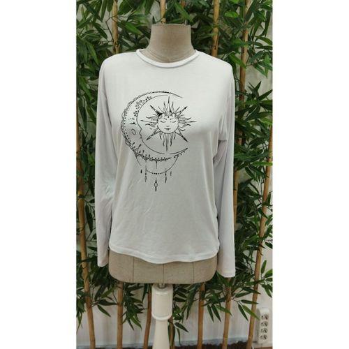 Kadın Uzun Kollu Bisiklet Yaka Ay Baskılı Viskon Bluz