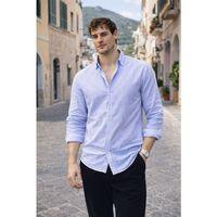 Dik Şerit Çizgili Flamlı Pamuk Gömlek - Mavi