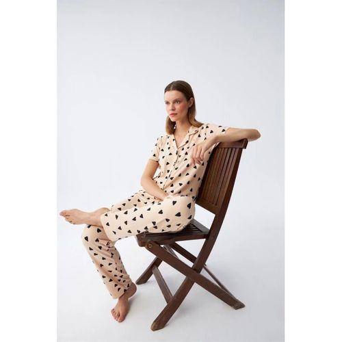 Kadın Krem Rengi Kalp Desenli Önden Düğmeli Pijama Takımı