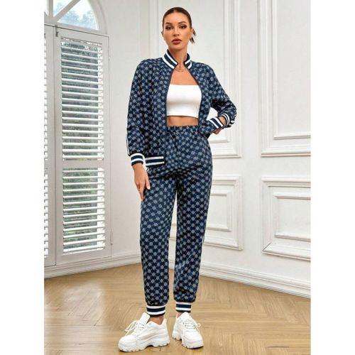 Kadın Uzun Kollu önden Fermuarlı Desenli Iki Iplik Bluz Ve Pantolon Ikili Takım