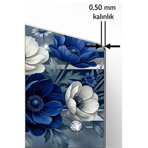 DünyaTablo Lacivert Gümüş Dekoratif Çiçekli - 5’li Metal Tablo Kombini